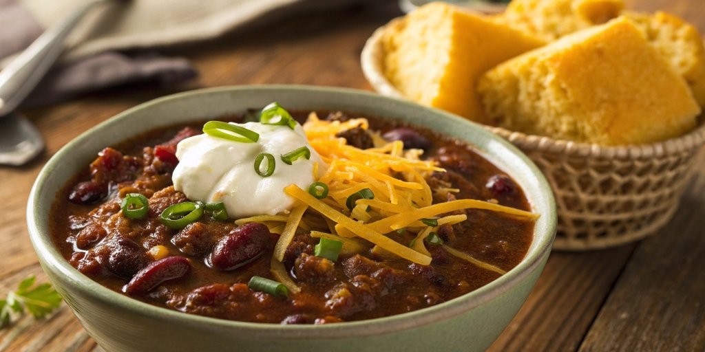 A hearty bowl of chili with melted cheese, green onions, and sour cream, served with cornbread on a rustic table.