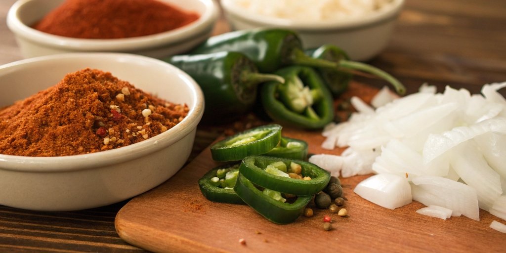 Essential chili spices and ingredients laid out for making the perfect chili.
