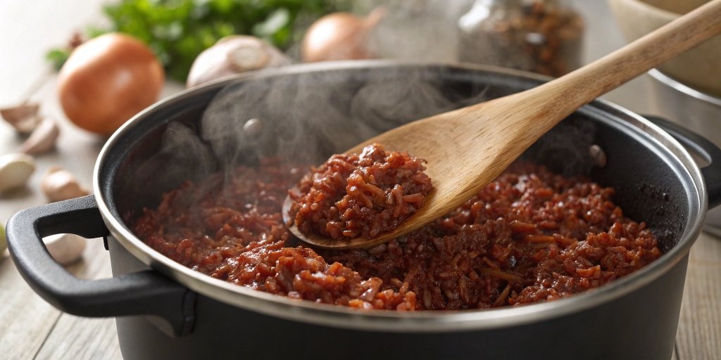 A steaming pot of red rice being stirred with a wooden spoon.
