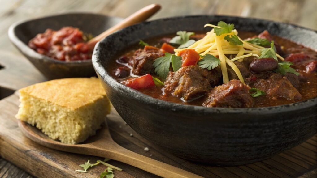 A steaming bowl of venison chili with cheese, cilantro, and jalapeños, served in a rustic bowl with cornbread on a wooden table