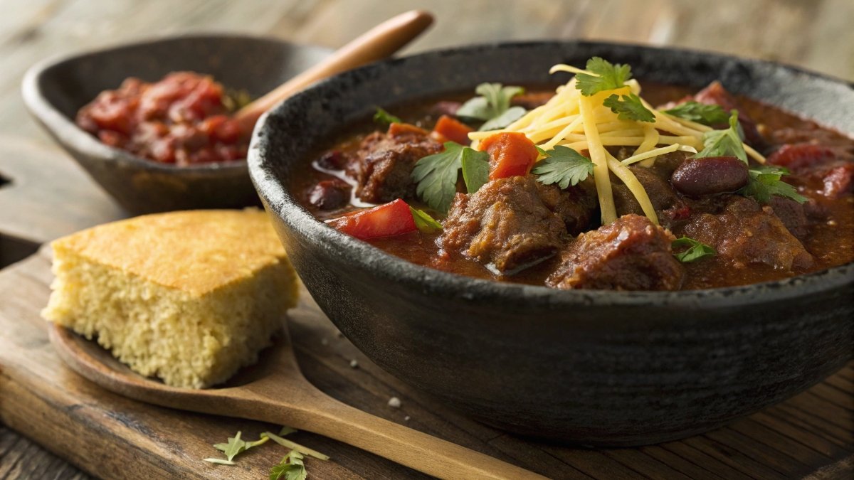 A steaming bowl of venison chili with cheese, cilantro, and jalapeños, served in a rustic bowl with cornbread on a wooden table