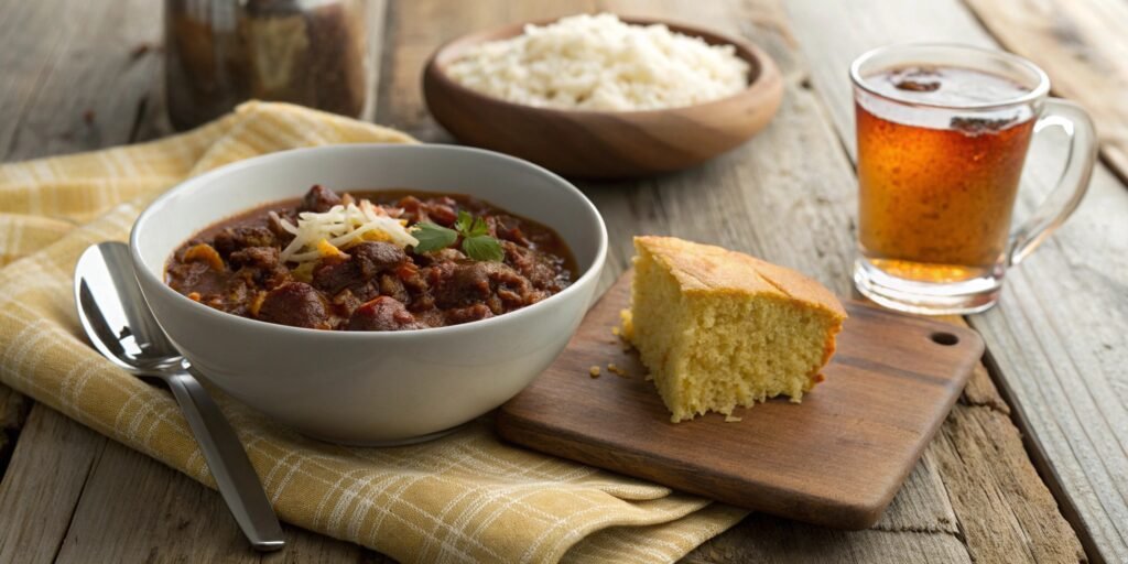 Venison chili served with cornbread, rice, and spiced apple cider on a rustic wooden table