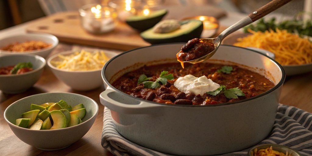 A large pot of homemade chili served with a variety of fresh toppings for customization.
