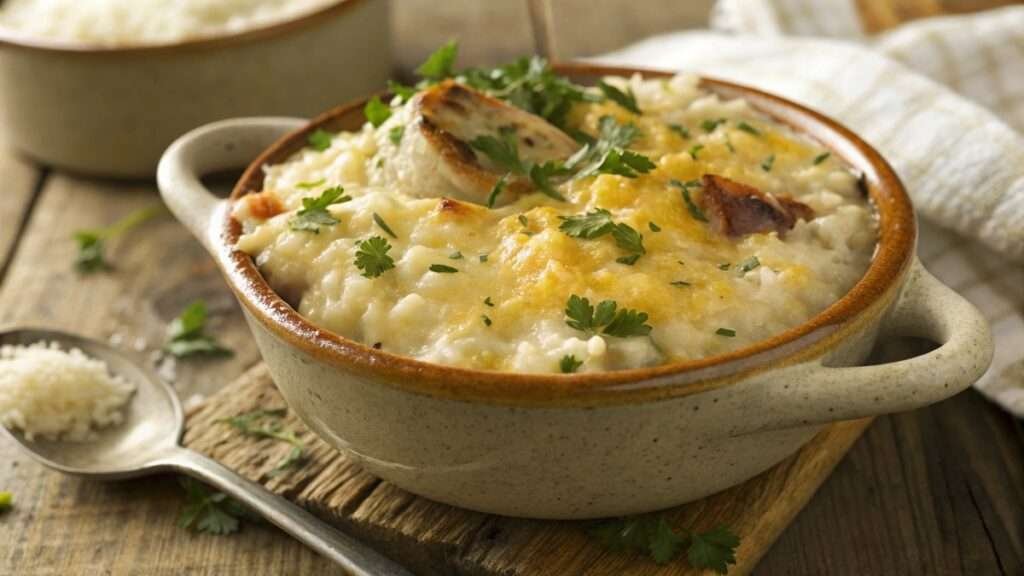 Cheesy rice recipe with melty golden cheese and fresh parsley, served in a rustic bowl on a wooden table