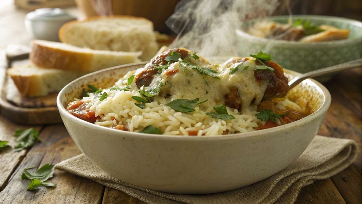 A bowl of cheesy rice with melted cheese and fresh herbs on a wooden table