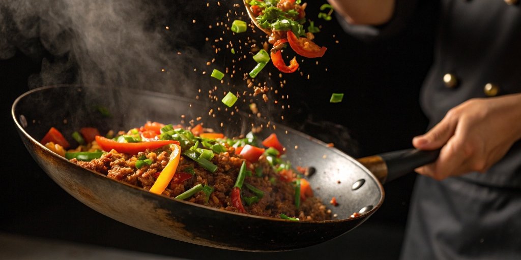 A sizzling wok filled with spicy red rice and fresh vegetables.
