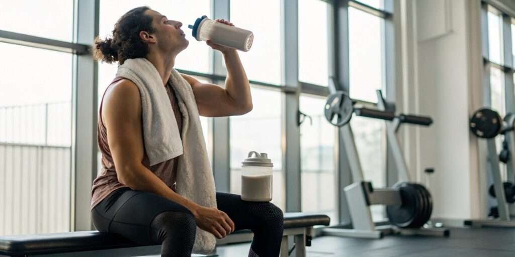 A fitness enthusiast enjoying a post-workout protein milkshake in a gym setting