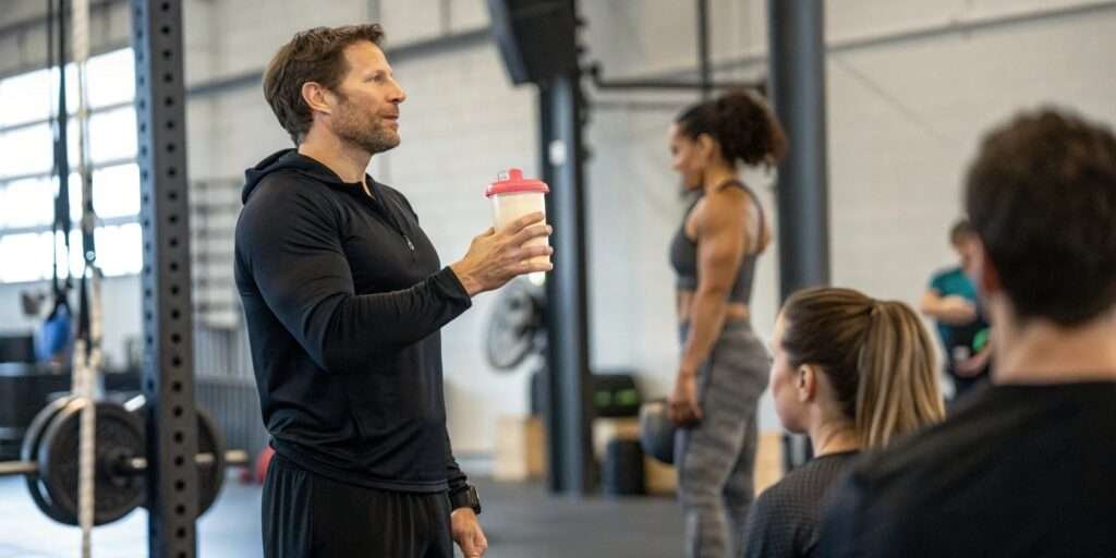 Fitness expert discussing protein shakes in a gym setting.
