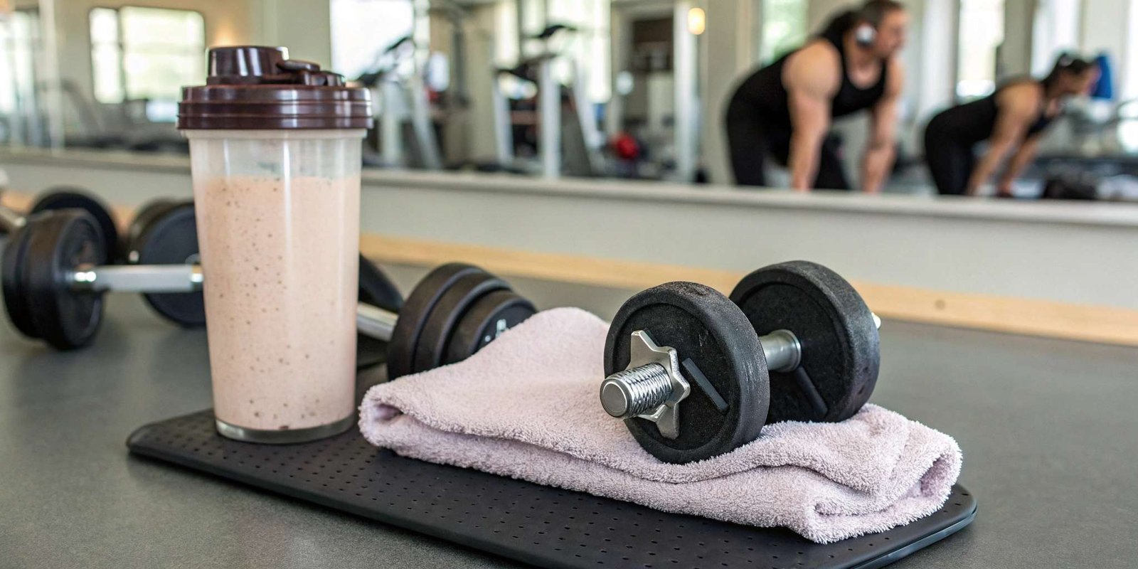 30g protein shake in a gym setting next to dumbbells and a towel.