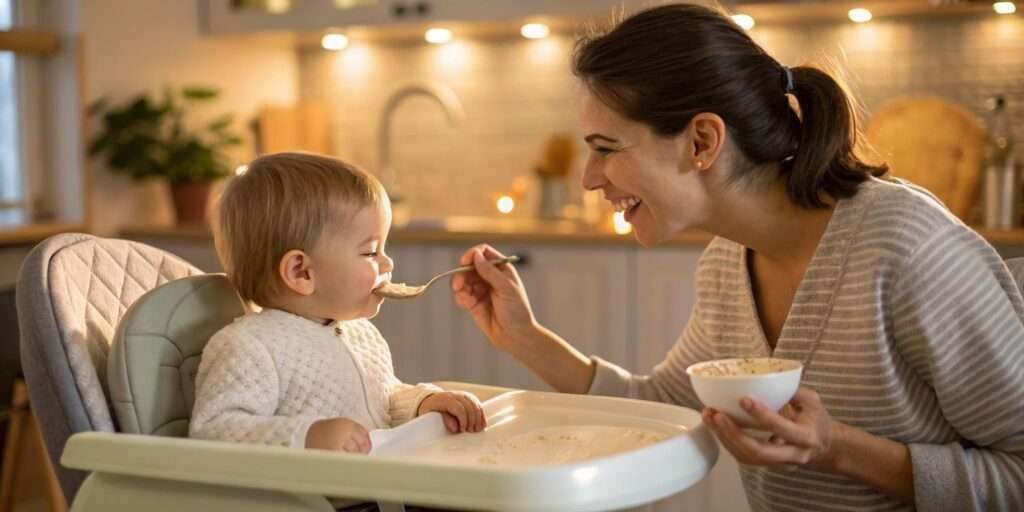 Mother feeding toddler soft rice in a baby-friendly bowl.
