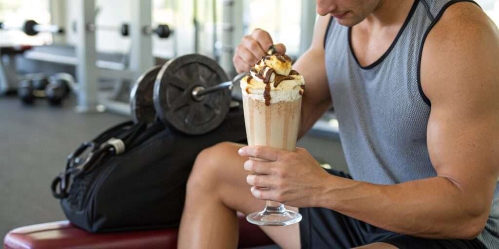 Athlete drinking a 1000-calorie shake for weight gain and energy boost.
