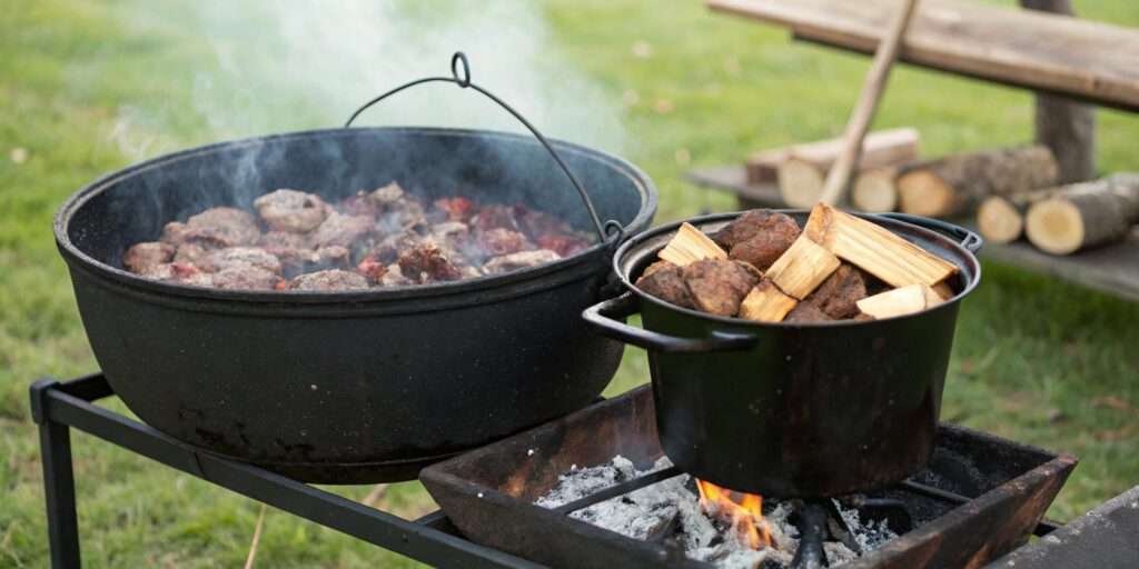 Smoker loaded with quick-cooking side dishes like asparagus and garlic bread.
