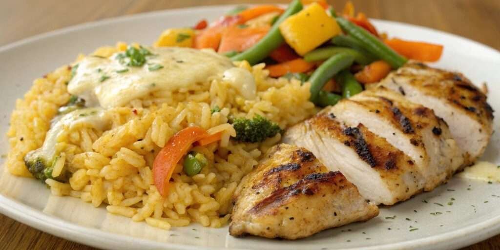 Cheesy rice plated with grilled chicken and veggies