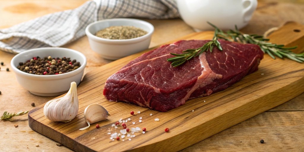 Raw venison steak on a cutting board with seasoning ingredients, showing preparation techniques to reduce gamey taste.