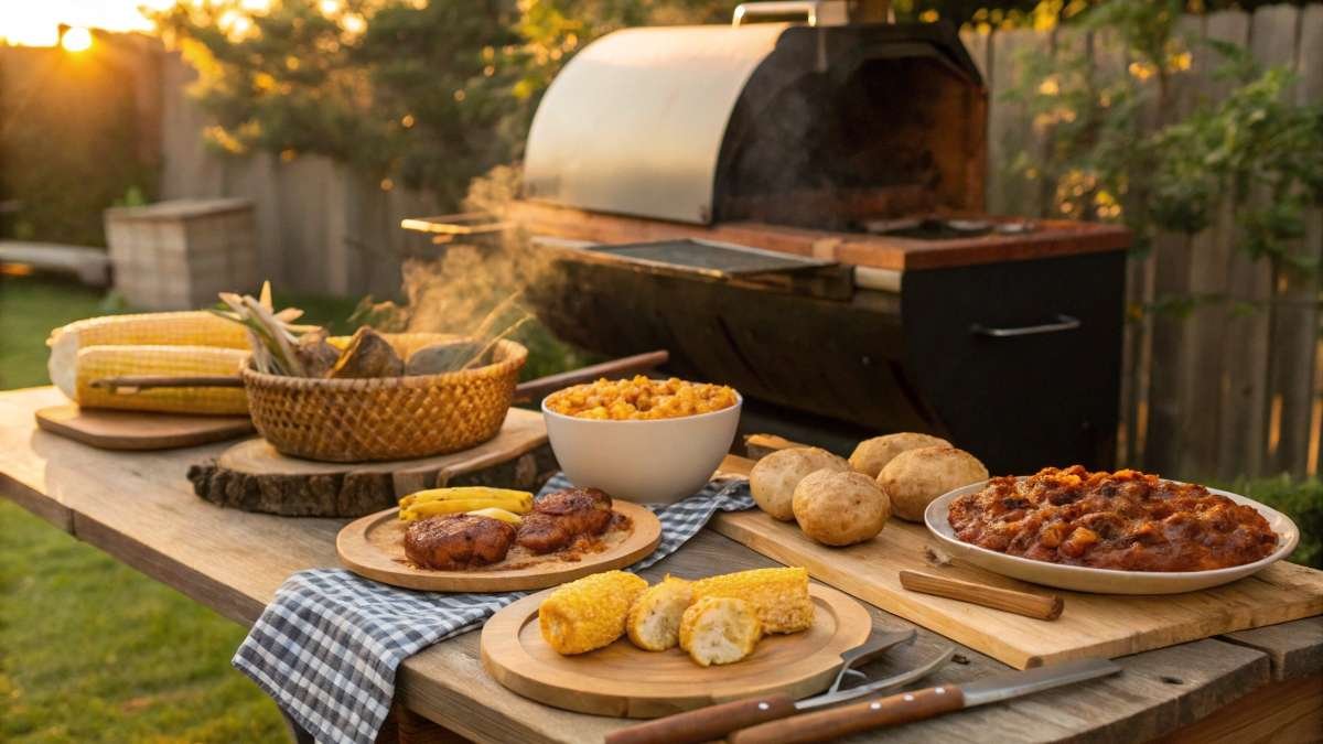 A smoker filled with delicious smoked side dishes, including mac & cheese, corn on the cob, and baked potatoes, perfect for BBQs