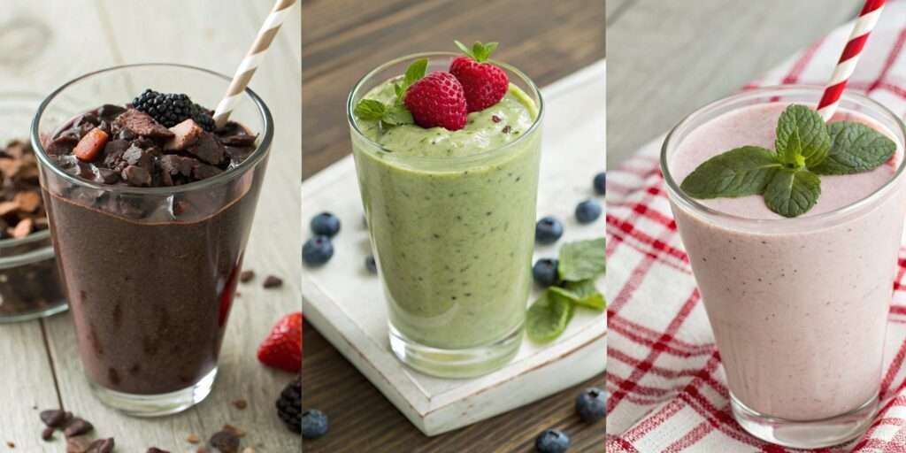 A side-by-side comparison of three different protein shakes: one for weight loss (light and fruity with berries), one for muscle gain (thick and chocolate-based), and one for a vegan diet (green smoothie with plant-based milk). Each shake is labeled accordingly.