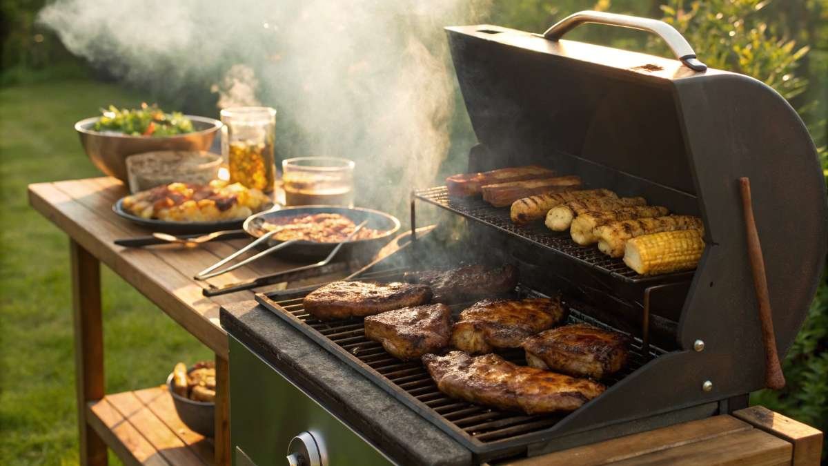 Pit Boss Recipes featuring grilled steak, smoked ribs, and BBQ chicken on a sizzling smoker.