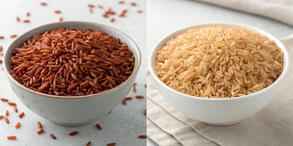 Comparison of red rice and brown rice in two separate bowls.
