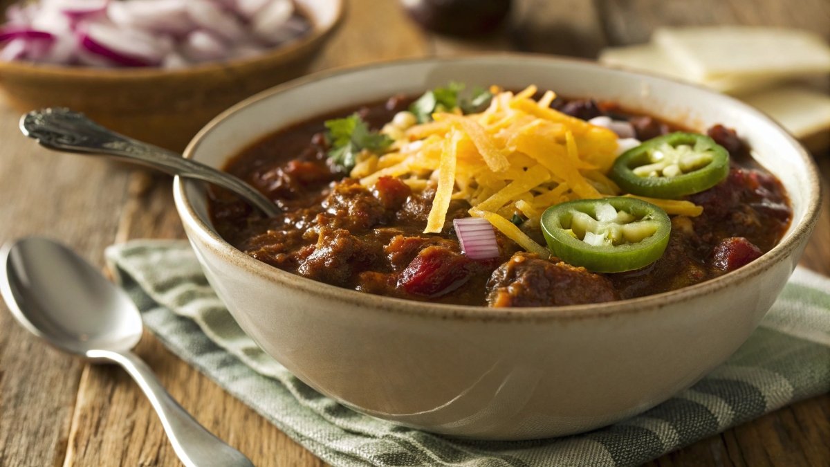 A delicious bowl of homemade chili with toppings, highlighting the rich, bold flavors of the dish