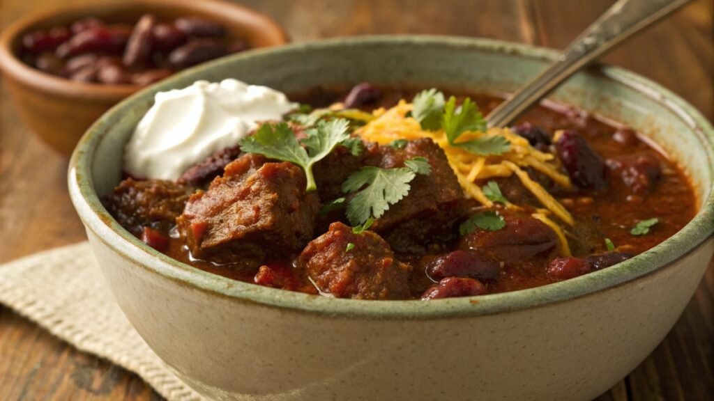 A hearty bowl of homemade chili with tender beef, beans, and rich tomato sauce, garnished with cheese and cilantro.