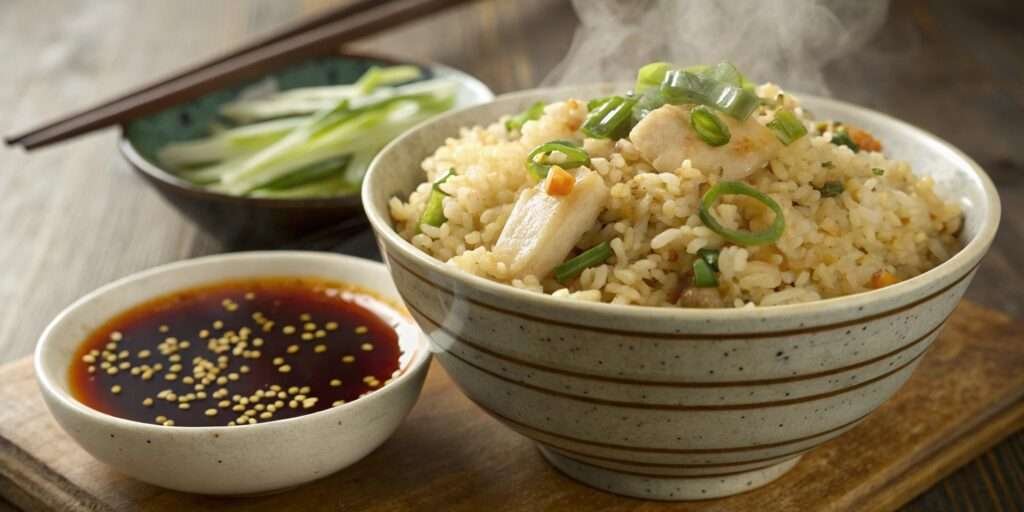 A flavorful bowl of perfectly seasoned rice with fresh garnishes