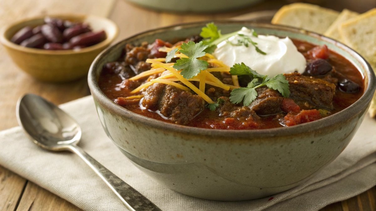 Delicious venison chili in a rustic bowl, garnished with cheese and cilantro, served on a wooden table.