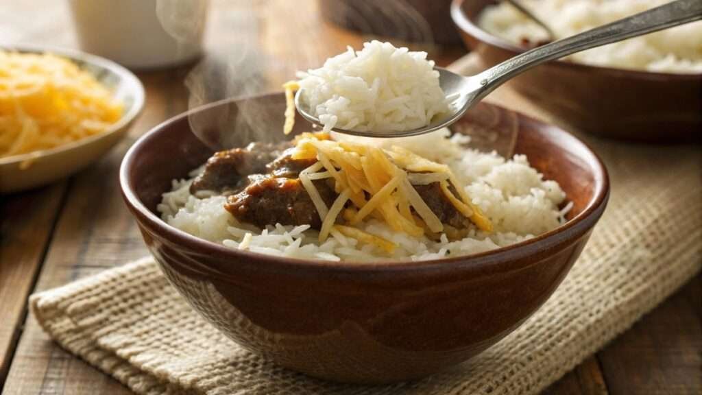 A bowl of white rice with shredded cheese melting on top, creating a creamy and delicious texture.