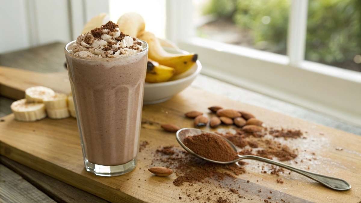 Creamy chocolate protein milkshake with cocoa powder, bananas, and almonds on a wooden counter