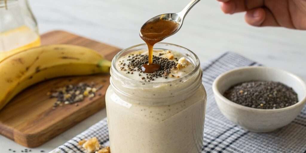 A thick and creamy vanilla protein milkshake topped with chia seeds and honey drizzle