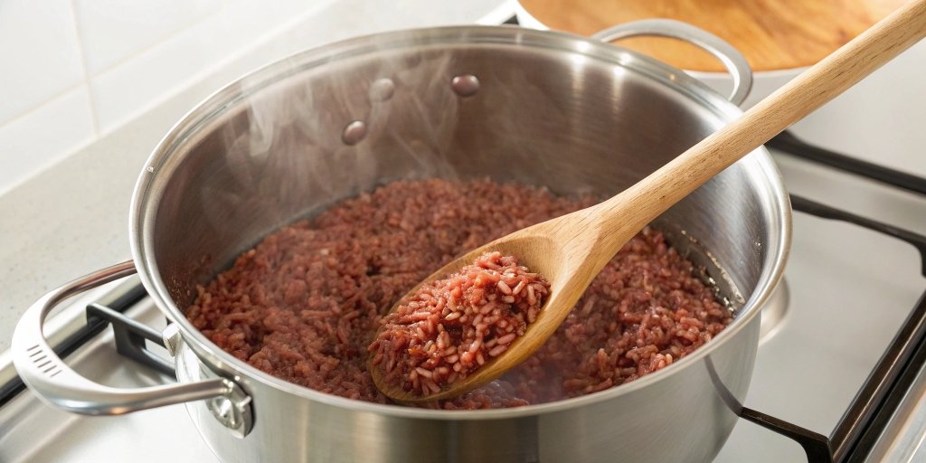 Red rice cooking on a stovetop, simmering in a stainless steel pot with steam rising.

