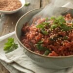 Freshly cooked red rice served in a rustic bowl with herbs and sesame seeds.