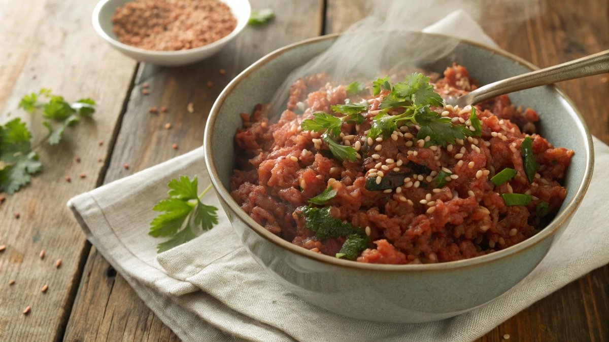 Freshly cooked red rice served in a rustic bowl with herbs and sesame seeds.