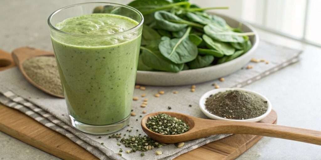 Vegan protein shake with almond milk, spinach, and chia seeds for plant-based nutrition.
