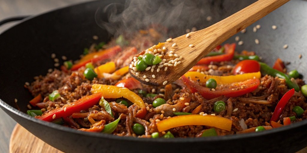 A delicious red rice stir-fry with vegetables in a wok.
