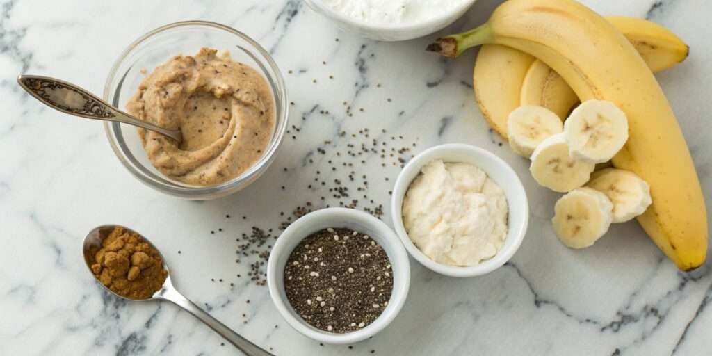 A flat lay of protein-rich ingredients for a homemade shake, including Greek yogurt, peanut butter, and chia seeds