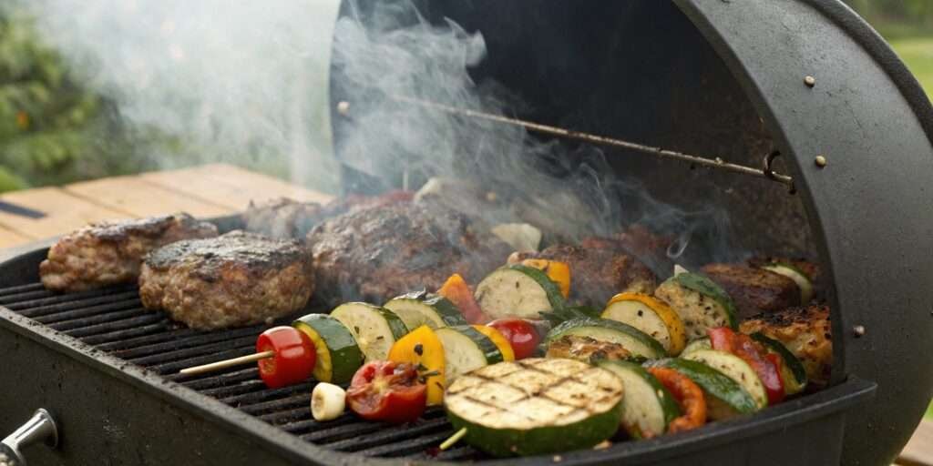 Close-up of a Pit Boss grill with steaks, ribs, and veggies smoking.
