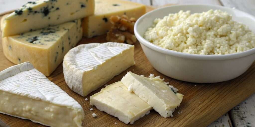 Various cheese types placed next to a bowl of white and brown rice.
