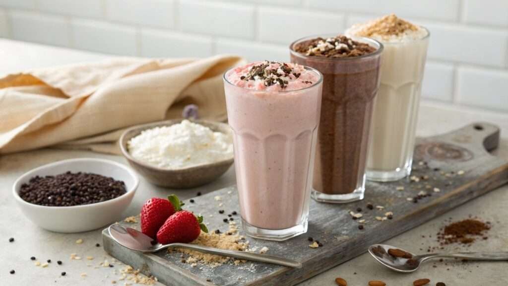 Three protein milkshakes in chocolate, vanilla, and strawberry flavors, with whey protein, Greek yogurt, chia seeds, and silken tofu in a kitchen setting